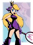  1girl absurdres black_lips blonde_hair blue_eyes boots breasts dress hand_on_own_hip highres holding_tennis_racket knee_boots lipstick long_hair looking_at_viewer makeup mario_tennis medium_breasts purple_dress roboticsteve solo super_mario_bros. wapeach 