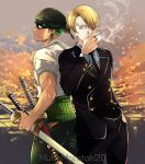  2boys artist_name bandana black_necktie blonde_hair cigarette commentary curly_eyebrows earrings english_commentary formal green_hair hair_over_one_eye highres holding holding_cigarette holding_weapon jewelry katana male_focus muffinmonstah multiple_boys necktie one_eye_covered one_piece outdoors roronoa_zoro sanji_(one_piece) shirt short_hair single_earring smoke smoking suit sword triple_wielding weapon white_shirt 