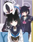  3girls absurdres animal_ears black_choker black_eyes black_hair black_horns black_jacket black_pantyhose black_sailor_collar blue_archive blue_halo blush book cat_ears cat_tail choker colored_inner_hair demon_horns grey_halo hair_between_eyes halo highres holding holding_book hood hood_down hooded_jacket horns indoors jacket kayoko_(blue_archive) kazusa_(blue_archive) kikyou_(blue_archive) long_hair long_sleeves motion_lines multicolored_hair multiple_girls multiple_tails neckerchief open_book open_mouth pantyhose pink_hair pink_halo pleated_skirt ponytail pout red_eyes red_neckerchief sailor_collar school_uniform serafuku shiroiurushi short_hair skirt tail two_tails white_hair white_skirt 