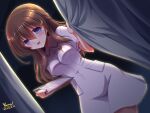  1girl artist_name blush breasts brown_hair commission crescent crescent_pin curtains dark_background dated hair_between_eyes hair_ornament long_hair looking_at_viewer medium_breasts nurse original pen signature skeb_commission solo yamu_(reverse_noise) 
