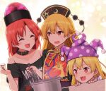  3girls absurdres black_dress black_headwear black_shirt blonde_hair clownpiece cooking_pot dress english_text excited hecatia_lapislazuli highres junko_(touhou) ladle multiple_girls purple_headwear red_eyes red_tabard redhead shirt stirring tabard teoi_(good_chaos) touhou 