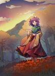  1girl clouds floral_print flower forest frills full_body green_kimono hair_flower hair_ornament hakama hakama_skirt hieda_no_akyuu highres japanese_clothes kimono looking_at_viewer mountain multicolored_clothes nature open_mouth purple_hair red_eyes red_hakama shishui_guima short_hair skirt sky socks spider_lily sunset touhou wide_sleeves yellow_sleeves 
