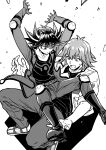  2boys :o absurdres arms_up belt black_hair black_shirt boots bruno_(yu-gi-oh!) catching elbow_pads facial_tattoo falling fudou_yuusei glass_shards gloves greyscale high_collar highres jacket knee_pads knees_up male_focus monochrome multiple_boys open_clothes open_jacket outstretched_arms pants screentones shadow shirt shoes short_hair simple_background sleeves_rolled_up sneakers spiky_hair surprised sweatdrop tattoo worried youko-shima yu-gi-oh! yu-gi-oh!_5d&#039;s 