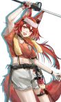  1girl animal_ears arknights collar flametail_(arknights) flametail_(sport_for_all)_(arknights) gloves highres holding long_hair looking_at_viewer nun2o red_eyes redhead single_glove solo squirrel_ears squirrel_girl squirrel_tail tail white_background 