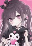  1girl absurdres black_bow black_choker black_shirt bow braid brown_hair choker hair_bow heart highres kuromi looking_at_viewer onegai_my_melody pink_background pink_eyes project_sekai sanrio shinonome_ena shirt short_sleeves touyu_1210 twintails twitter_username 