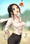  1girl arms_behind_back blue_eyes bound bound_arms bread_eating_race breasts collared_shirt commentary_request commission food highres large_breasts office_lady original pencil_skirt pixiv_commission ponytail setu_kurokawa shirt skirt solo watermark white_shirt 