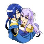1boy 1girl blue_cape blue_eyes blue_hair brother_and_sister cape circlet dress fire_emblem fire_emblem:_genealogy_of_the_holy_war headband hug implied_incest incest julia_(fire_emblem) looking_at_another open_mouth ponytail purple_hair seliph_(fire_emblem) siblings simple_background smile violet_eyes white_headband yukia_(firstaid0)