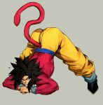  1boy absurdres arched_back arm_rest biceps black_hair blue_sash blue_wristband body_fur dragon_ball dragon_ball_gt flexible full_body gigatan_d hands_on_ground highres jack-o&#039;_challenge legs_apart long_hair looking_at_viewer male_focus meme monkey_boy monkey_tail muscular muscular_male no_nipples pants pectorals red_fur saiyan sash simple_background solo son_goku spiky_hair spread_legs stretching super_saiyan super_saiyan_4 tail top-down_bottom-up wide_spread_legs yellow_eyes yellow_pants 
