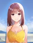  1girl bare_arms bare_shoulders blue_sky brown_eyes brown_hair closed_mouth commentary crop_top feet_out_of_frame happy highres looking_at_viewer medium_hair original reyn_77a shirt sky sleeveless sleeveless_shirt smile summer 