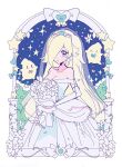  1girl blonde_hair blue_eyes bouquet bridal_veil dress earrings elbow_gloves flower gloves hair_over_one_eye highres jewelry long_dress long_hair meowwniz rosalina solo star_(sky) star_(symbol) super_mario_bros. tiara veil very_long_hair wedding_dress white_dress white_flower white_gloves 