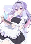  1girl ahoge apron black_dress black_hairband bow cup double_bun dress drinking_straw frills hair_between_eyes hair_bow hair_bun hairband highres holding holding_tray long_hair looking_at_viewer maid multicolored_hair original pink_hair puffy_short_sleeves puffy_sleeves purple_bow purple_hair short_sleeves solo tray twintails twitter_username violet_eyes white_apron wrist_cuffs yachishi_orca 
