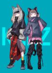 2girls absurdres animal_ears animal_hood black_coat black_footwear blonde_hair blue_background blue_coat blunt_bangs boots brown_hair cat_tail closed_mouth coat commentary_request earmuffs fake_animal_ears full_body fur-trimmed_coat fur_trim hand_on_earmuffs hand_up high_collar highres hood hood_up k725 kmnz knee_boots long_hair long_sleeves looking_at_viewer mc_lita mc_liz multiple_girls nail_polish pink_eyes pink_nails red_skirt shoes short_hair skirt socks standing tail violet_eyes virtual_youtuber winter_clothes yellow_socks