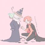 2boys blue_robe bow bowtie card cinnamon_cookie cookie_run hair_over_one_eye happy hat holding holding_wand humanization long_sleeves magician mamimumemo multiple_boys open_mouth orange_hair personification robe scarf short_hair translation_request wand white_scarf wizard wizard_cookie wizard_hat 