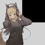  1girl animal_ear_headphones animal_ears blonde_hair blue_eyes breasts cable closed_mouth commentary dog_tail english_commentary fake_animal_ears grey_background grey_choker grey_sweater hands_on_headphones hands_up headphones highres kmnz long_hair long_sleeves mc_lita medium_breasts seimannu smile solo sweater tail upper_body virtual_youtuber 