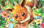  animal_focus brown_eyes brown_hair bush doradorakingyo eevee flower forest grass nature no_humans open_mouth outdoors pink_flower pokemon pokemon_(creature) puddle rainbow ripples solo water_drop yellow_flower 