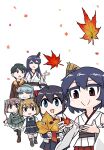  6+girls asagumo_(kancolle) bamboo_shoot black_hair blue_eyes breasts brown_hair chibi closed_eyes detached_sleeves fusou_(kancolle) hairband headgear highres holding holding_leaf japanese_clothes kantai_collection leaf long_hair michishio_(kancolle) mogami_(kancolle) multiple_girls nontraditional_miko open_mouth pleated_skirt sailor_collar seiran_(mousouchiku) shigure_(kancolle) short_hair skirt smile wide_sleeves yamagumo_(kancolle) yamashiro_(kancolle) 