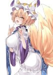  1girl ;d blonde_hair breasts double_fox_shadow_puppet fox_shadow_puppet fox_tail from_side hat highres kitsune large_breasts long_sleeves looking_at_viewer mob_cap multiple_tails mutou_mame one_eye_closed short_hair simple_background smile solo tabard tail touhou white_background white_headwear wide_sleeves yakumo_yukari yellow_eyes 