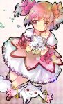  1girl :3 bow bubble_skirt buttons closed_mouth collarbone crying doradorakingyo eyelashes frills gloves kaname_madoka kyubey mahou_shoujo_madoka_magica mahou_shoujo_madoka_magica_(anime) own_hands_clasped own_hands_together pink_bow pink_hair pink_shirt puffy_short_sleeves puffy_sleeves red_eyes shirt short_sleeves short_twintails skirt smile socks soul_gem streaming_tears tears twintails twitter_username white_background white_gloves white_socks 