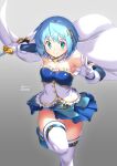  1girl absurdres ankle_boots artist_name blue_eyes blue_footwear blue_hair blue_skirt blush boots breasts cape closed_mouth commentary_request cowboy_shot elbow_gloves gloves gradient_background hair_ornament highres holding holding_sword holding_weapon knee_up kurono_(pixiv_97973531) looking_at_viewer magical_girl mahou_shoujo_madoka_magica mahou_shoujo_madoka_magica_(anime) medium_breasts miki_sayaka musical_note musical_note_hair_ornament short_hair skirt smile solo soul_gem sword thigh-highs weapon white_cape white_gloves white_thighhighs zettai_ryouiki 