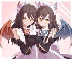  2girls black_hair brown_hair commentary_request detached_sleeves dragon_horns dragon_wings expressionless gloves holding_hands horns lind_(princess_connect!) long_hair maid maid_headdress multiple_girls princess_connect! ribbon siblings simple_background smile twins whitel_(zou_tukasaki) wings wurm_(princess_connect!) yellow_eyes 
