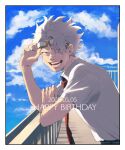  1boy against_railing bandaid bandaid_on_face bandaid_on_nose black_pants blue_eyes boku_no_hero_academia border dated from_side goggles goggles_on_head happy_birthday highres looking_at_viewer loud_cloud male_focus necktie open_mouth outdoors pants railing red_necktie rnuyvm rooftop shirt short_hair solo teeth white_border white_hair white_shirt 