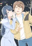  1boy 1girl azusagawa_sakuta black_hair blue_coat blue_eyes blue_pants brown_eyes brown_hair cheek_pinching coat commentary_request couple denim fur-trimmed_coat fur_trim hair_ornament hairclip hetero highres jacket jeans long_hair one_eye_closed pants pinching sakurajima_mai seishun_buta_yarou shirt short_hair tamura_satomi translation_request white_shirt yellow_jacket 