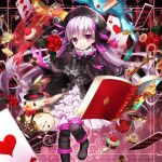  1girl ace_(playing_card) ace_of_hearts black_bow black_bowtie book bow bowtie cake cake_slice candy card cupcake doll_joints fate/extra fate/grand_order fate_(series) flower food fork fruit hat heart highres hourglass joints key macaron nursery_rhyme_(fate) open_book playing_card pocket_watch purple_hair red_flower red_rose rose smile solo strawberry three_of_hearts top_hat tsukasa_kinako two_of_hearts vial violet_eyes watch white_rabbit_(alice_in_wonderland) 