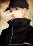  1boy baseball_cap black_eyes black_headwear black_jacket blonde_hair closed_mouth commentary_request dated hat jacket k-suwabe kaku_(one_piece) long_nose male_focus one_piece short_hair sideburns solo zipper 