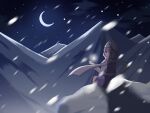  1girl closed_mouth commentary crescent_moon ehehe52921343 full_body highres letty_whiterock looking_at_viewer moon mountain night outdoors purple_hair purple_skirt scarf short_sleeves sitting skirt snow snowflakes snowing solo touhou violet_eyes white_headwear white_scarf 
