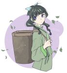 1girl absurdres backpack_basket basket blue_bow blunt_bangs bow chinese_clothes closed_mouth freckles green_hair green_shirt hair_bow highres holding_strap kusuriya_no_hitorigoto leaf long_hair long_sleeves looking_at_viewer maomao_(kusuriya_no_hitorigoto) shirt solo takehide upper_body violet_eyes wind 