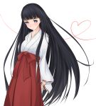  1girl black_hair blunt_bangs blush breasts commentary_request feet_out_of_frame hakama hakama_skirt heart hime_cut himegami_aisa japanese_clothes kimono long_hair long_sleeves medium_breasts miko partial_commentary red_hakama shin_(highest1192) sidelocks simple_background skirt solo toaru_majutsu_no_index toaru_majutsu_no_index:_old_testament very_long_hair violet_eyes white_background white_kimono wide_sleeves 