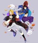  2boys alternate_costume amber_(fire_emblem) ascot black_hair blonde_hair cape crop_top fire_emblem fire_emblem_engage fire_emblem_heroes halloween halloween_costume hat highres l_(matador) male_focus multiple_boys official_alternate_costume open_mouth red_eyes seadall_(fire_emblem) seadall_(halloween)_(fire_emblem) short_hair simple_background smile white_ascot witch_hat yellow_eyes 