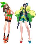  2girls andrewcockroach bandana black_hair brown_hair clenched_hand corrupted_twitter_file elesa_(pokemon) flats full_body green_bandana highres holding holding_poke_ball looking_at_viewer may_(pokemon) multiple_girls poke_ball poke_ball_(basic) pokemon pokemon_bw2 pokemon_emerald pokemon_rse short_hair_with_long_locks simple_background smile white_background 