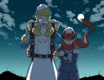  2boys blonde_hair commentary_request crossed_arms full_moon hair_over_one_eye hat highres male_focus moon multiple_boys night one_eye_covered outdoors pokemon pokemon_legends:_arceus red_scarf rei_(pokemon) scarf short_hair smile snow star_(sky) trembling volo_(pokemon) yc157_ar 
