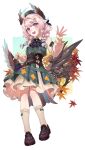  1girl ahoge autumn_leaves beret blue_hair blue_nails braid brown_footwear brown_socks brown_wings commentary dress enna_alouette enna_alouette_(3rd_costume) gradient_hair hat head_wings highres long_hair low_wings mechanical_wings multicolored_hair nijisanji nijisanji_en official_alternate_costume open_mouth plaid plaid_dress sheng-hanas smile socks solo symbol-only_commentary twin_braids violet_eyes wings 