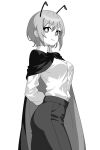  1girl antennae arms_behind_back breasts buttons cape collared_shirt cowboy_shot long_sleeves medium_breasts monochrome onkn_sxkn pants shirt short_hair smile solo touhou wriggle_nightbug 