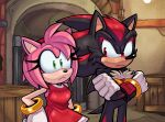  1boy 1girl absurdres amy_rose commentary crate crossed_arms dress english_commentary furry furry_female furry_male gloves green_eyes hand_on_own_hip highres indoors lemon_eyebrows looking_at_another red_dress red_eyes shadow_the_hedgehog sleeveless sleeveless_dress sonic_(series) white_gloves 