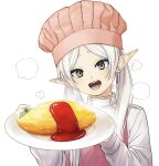 1girl apron chef_hat earrings elf eyelashes food frieren green_eyes hat holding holding_plate inkdaisuki jewelry long_hair long_sleeves looking_at_viewer omelet omurice open_mouth pink_apron pink_headwear plate pointy_ears shirt simple_background smile solo sousou_no_frieren twintails upper_body white_background white_hair white_shirt