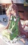  1girl animal_ears blush braid breasts brown_hair closed_mouth collar dress frilled_collar frills green_dress green_ribbon hair_between_eyes hair_ornament highres horse_ears horse_girl indoors kitasan_black_(umamusume) long_dress long_hair long_sleeves looking_at_viewer on_bed pentagon_(railgun_ky1206) ribbon satono_diamond_(umamusume) sitting small_breasts smile solo umamusume very_long_hair white_collar yellow_eyes 