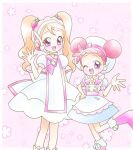  2girls :d blush boots cosplay costume_switch crossover double_bun dress food-themed_hair_ornament hair_bun hair_ornament harukaze_doremi hat headset kirakira_patisserie_uniform kirakira_precure_a_la_mode long_hair magical_girl multiple_girls official_alternate_costume ojamajo_doremi one_eye_closed open_mouth pink_background pink_footwear precure redhead senri_bunny short_bangs simple_background smile twintails usami_ichika violet_eyes 