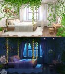  bed bedroom book commission curtains highres indie_virtual_youtuber indoors lamp mirror murmoruno no_humans pillow plant scenery vines virtual_youtuber window 