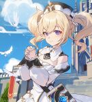  1girl barbara_(genshin_impact) bird blonde_hair blue_eyes blue_sky blush book closed_mouth clouds commentary_request dress genshin_impact highres long_sleeves looking_at_viewer outdoors own_hands_clasped own_hands_together shedar sky smile solo twintails white_dress 