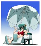  alternate_costume beach_chair breasts cleavage cocktail contemporary cooler crossed_legs flip-flops flower gradient gradient_background green_hair kazami_yuuka kieyza plaid_bikini reclining red_eyes sandals short_hair sitting solo sunflower sunglasses touhou umbrella 