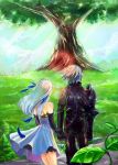  1girl armor bare_shoulders couple dress feathers gloves gwendolyn hair_feathers head_feathers holding_hands long_hair nadir odin_sphere oswald short_hair sky tree white_hair yggdrasil 