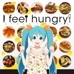  alternate_costume blue_eyes blue_hair english floral_print food fork fruit hatsune_miku knife long_hair meat mitsunari open_mouth photo_background romaji solo strawberry twintails vocaloid 