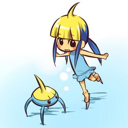  1girl ahoge blonde_hair blue_hair blush_stickers hitec ice_skates leg_up moemon multicolored_hair open_mouth personification pokemon pokemon_(creature) pokemon_(game) pokemon_rse quad_tails skates smile solo surskit two-tone_hair water 