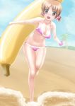  banana beach bikini brown_eyes brown_hair food fruit highres holding holding_fruit inflatable_toy original short_hair solo swimsuit tomizawa_jun twintails wading 
