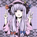  :d hair_bow hat long_hair lowres open_mouth patchouli_knowledge portrait purple_eyes purple_hair ribbon solo touhou twintails v 