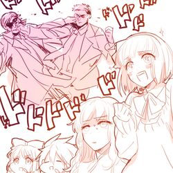  3boys 3girls bow chinese_clothes formal hair_bow hairband hakurei_reimu inogashira_gorou inseki_tarou kirisame_marisa konpaku_youmu l long_hair monochrome mr_chang multiple_boys multiple_girls punching short_hair suit sunglasses touhou yukkuri_youmu_to_hontou_wa_kowai_cthulhu_shinwa 