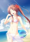  ball beach beachball bikini brown_hair closed_eyes flower hibiscus highres k-asul long_hair original ponytail sarong solo swimsuit 